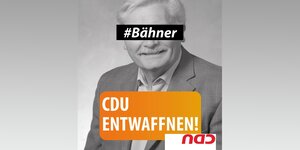 Plakat mit dem Porträt von Bähner, seine Augen sind mit #Bähner Schriftzug verdeckt und in oranger Schrift steht 