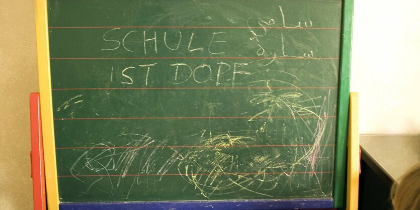 Eine grüne Tafel. Darauf noch schwach in weißer Kreide gekritzel. Stärker zu sehen der Schriftzug "Schule ist doof".