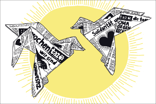 Zu sehen sind zwei Tauben aus Zeitungspapier, die vor einer strahlenden Sonne schweben.