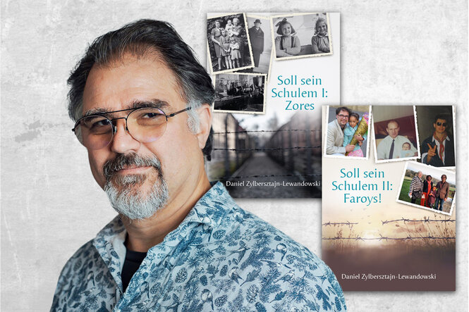 Man sieht den Autor, die Cover seiner Buchreihe im Hintergrund.